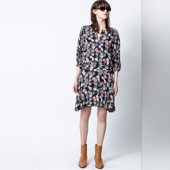 Zadig & Voltaire Size M Raspali Floral Graphic Print Mini Dress Lace Flowy Boho - Picture 1 of 16